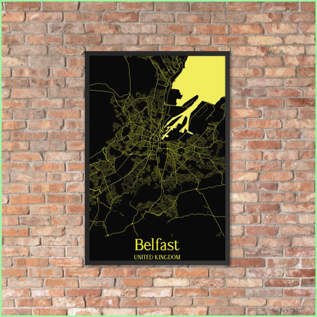 Belfast Ireland/united Kingdom Framed Poster In Black & Yellow 24×36