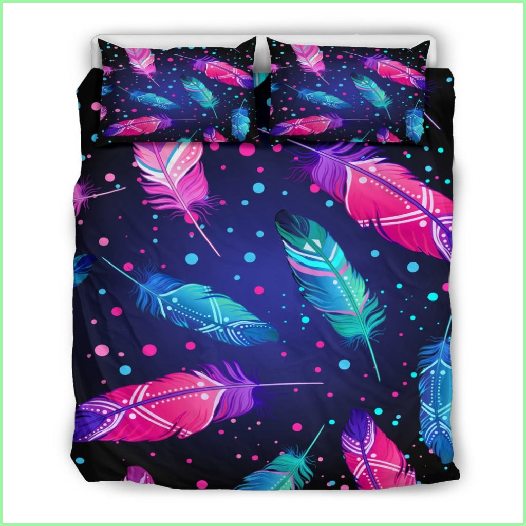 Blue Pink Feather Bohemian Bedding Set Setblue / Us Twin