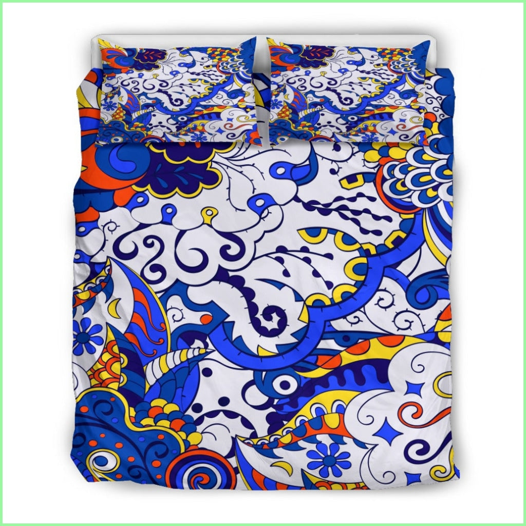 Blue White Ornamental Design Bedding Set Bedding Setblue / Us Twin