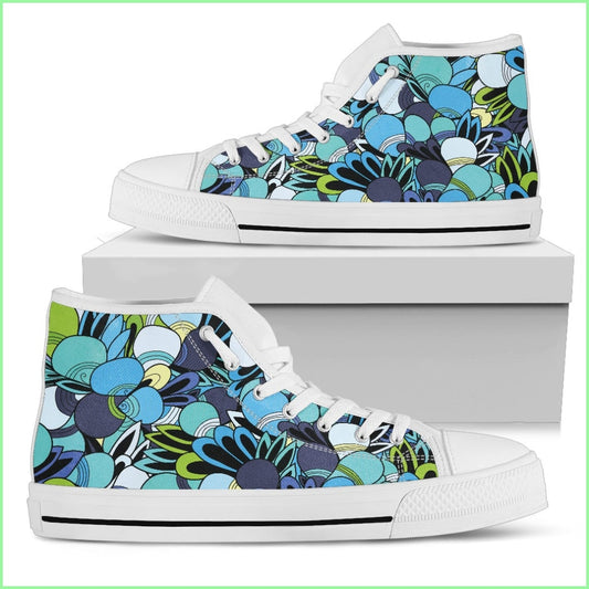 Funky Patterns In Blues - Womens High Top Shoes (White)