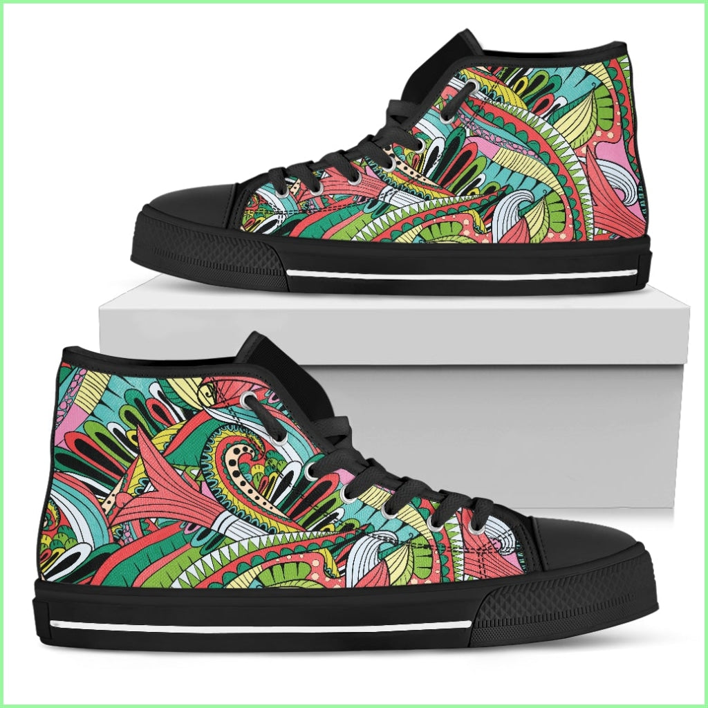 Funky Patterns In Greens - Womens High Top Shoes (Black)