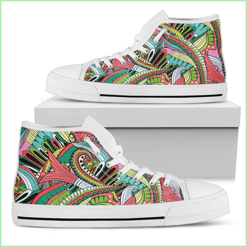 Funky Patterns In Greens - Womens High Top Shoes (White)