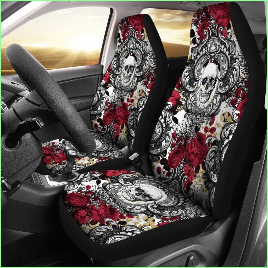 Gothic Skull And Red Roses Universal Bucket Seat Covers