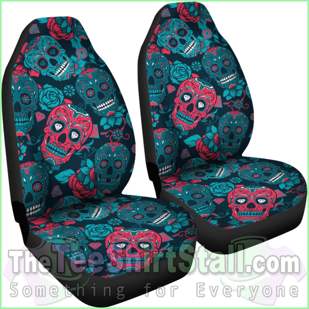 Red & Blue Sugar Skull Car Seat Covers