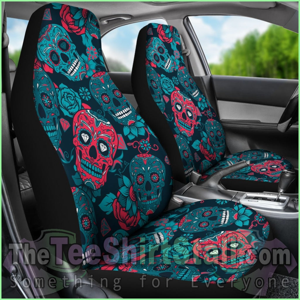 Red & Blue Sugar Skull Car Seat Covers