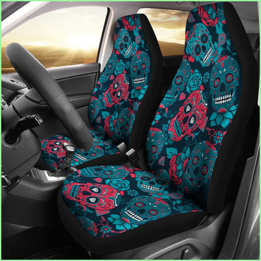 Red & Blue Sugar Skull Car Seat Covers