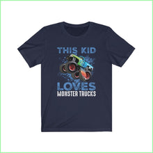 Load image into Gallery viewer, This Kid Loves Monster Trucks Tee Navy / L T-Shirt
