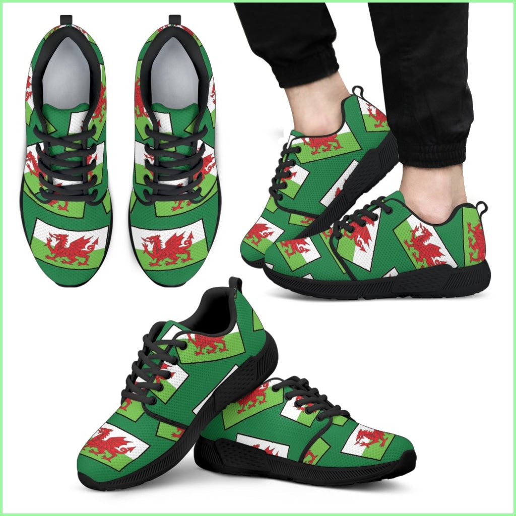 Waless Pride! Wales Flagshoe - Mens Athletic Sneakers (Green Bg)