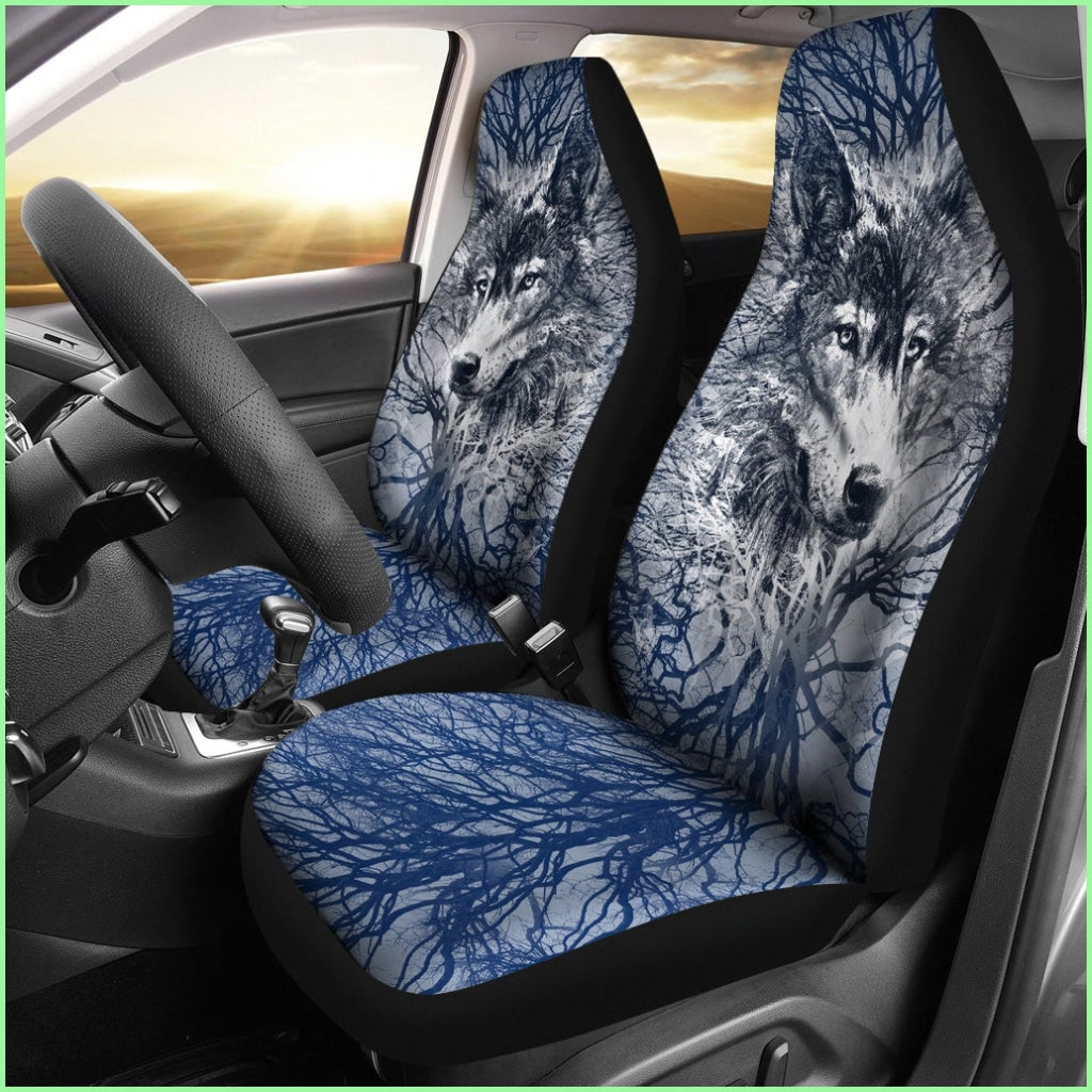 Wolf Behind Tree Seat Covers With Blue