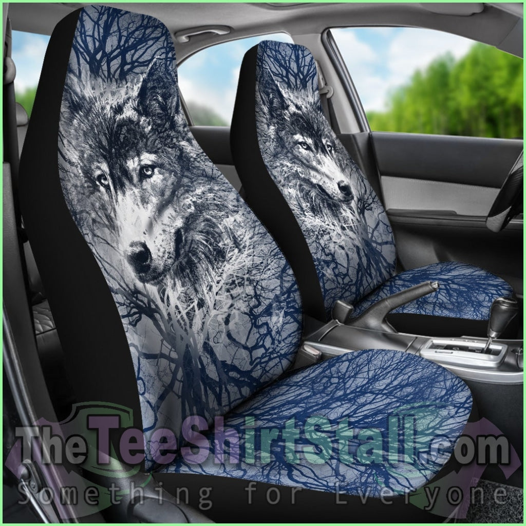 Wolf Behind Tree Seat Covers With Blue