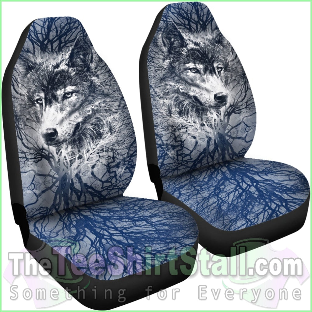 Wolf Behind Tree Seat Covers With Blue