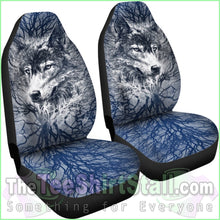 Load image into Gallery viewer, Wolf Behind Tree Seat Covers With Blue
