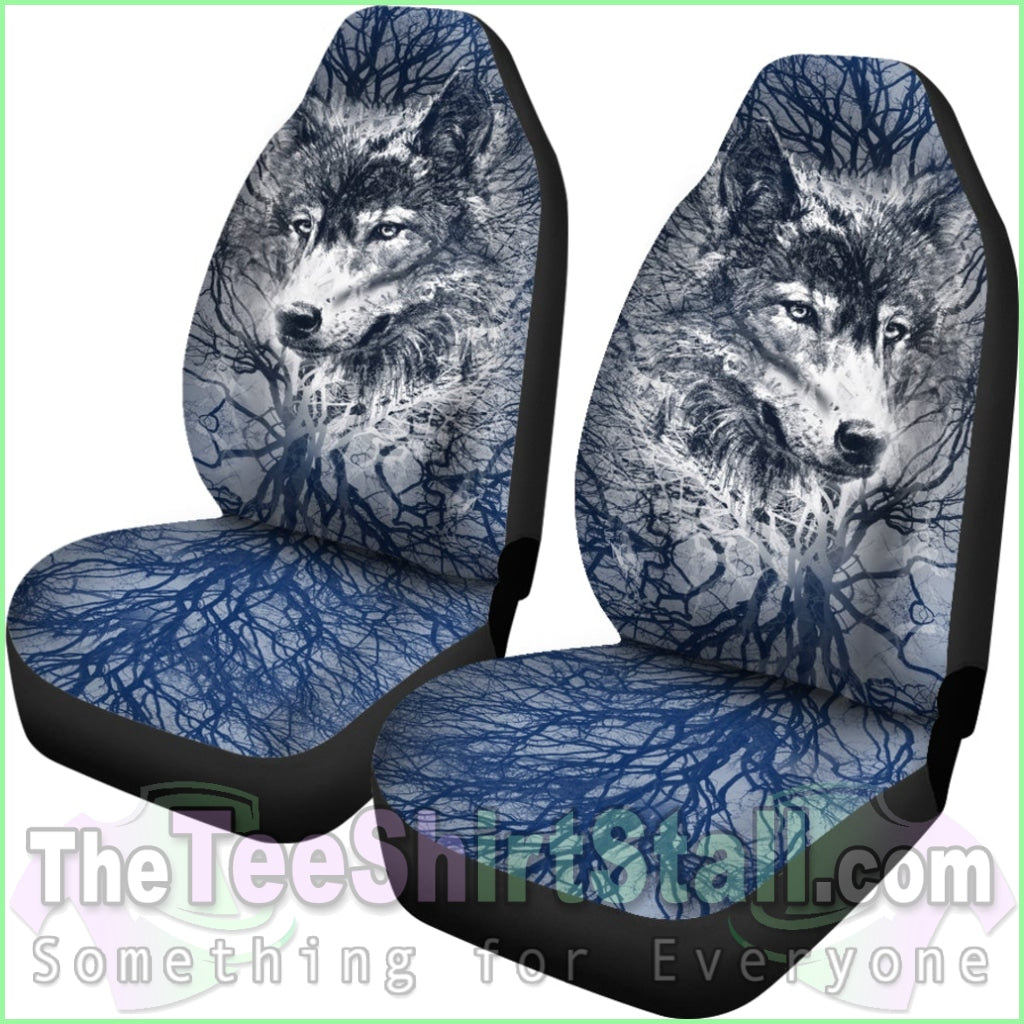 Wolf Behind Tree Seat Covers With Blue